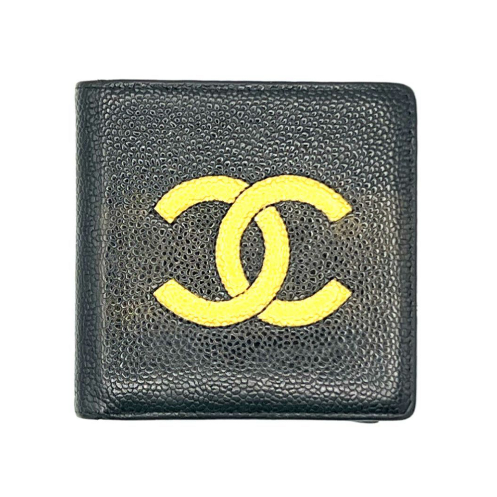 CHANEL CC Logo Bifold Wallet Purse Caviar Leather Black France Vintage